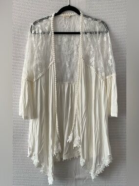 POL Lace-Trim Tassel Open Kimono - Cream